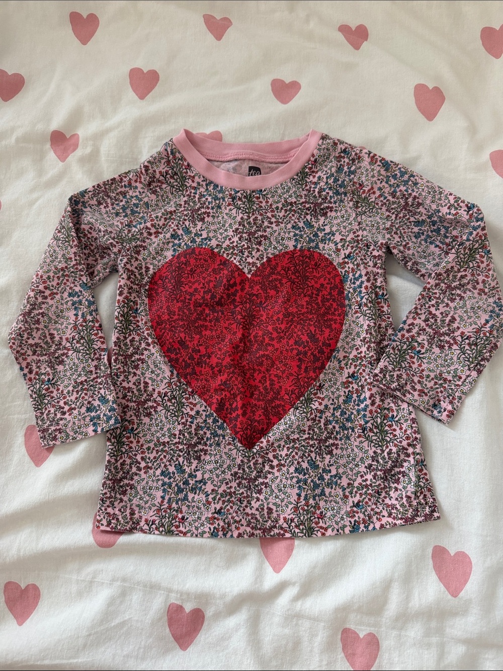 Tea Collection Pink Floral Long-Sleeve Tee with Red Heart